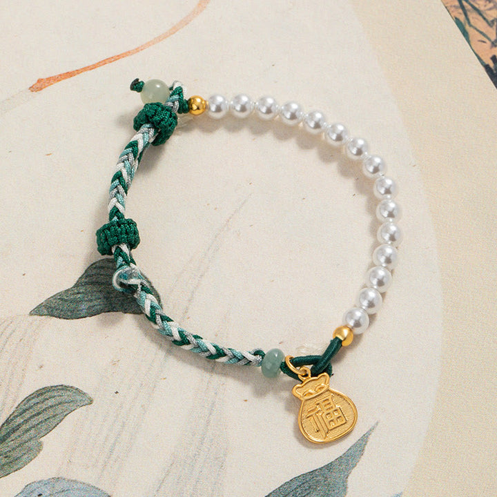 Pulsera de cuerda de sabiduría de jade hetiano con perlas de la suerte y carácter Fu de plata de ley 925 con Buddha Stones