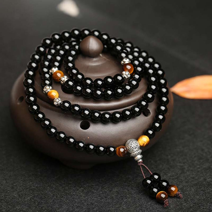 Pulsera Mala con bendición de ojo de tigre de obsidiana negra con Buddha Stones