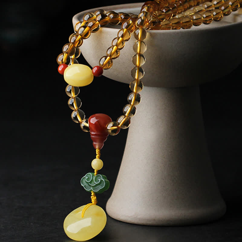 108 cuentas de Mala, citrino Natural, ámbar, hebilla de la paz, ágata roja, pulsera de protección PiXiu