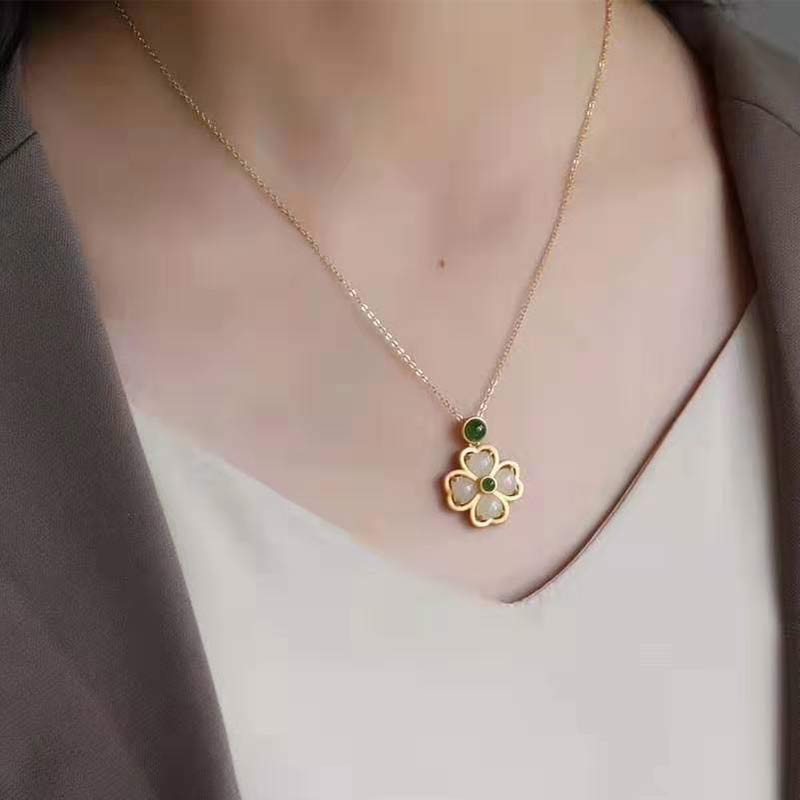 Buddha Stones de plata de ley 925, colgante de cadena con trébol de cuatro hojas de la suerte, Jade, prosperidad