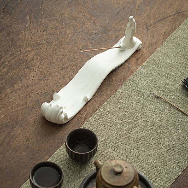 Quemador de incienso de cerámica con bendición de montaña, ola de mar, monje Buda, decoración