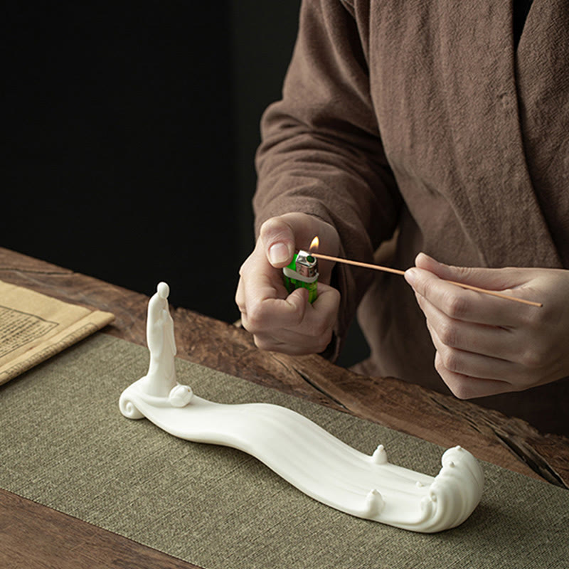 Quemador de incienso de cerámica con bendición de montaña, ola de mar, monje Buda, decoración