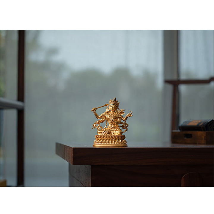 Estatuilla de oro Manjusri Bodhisattva de cuatro brazos, estatua de cobre de serenidad y compasión, decoración del hogar