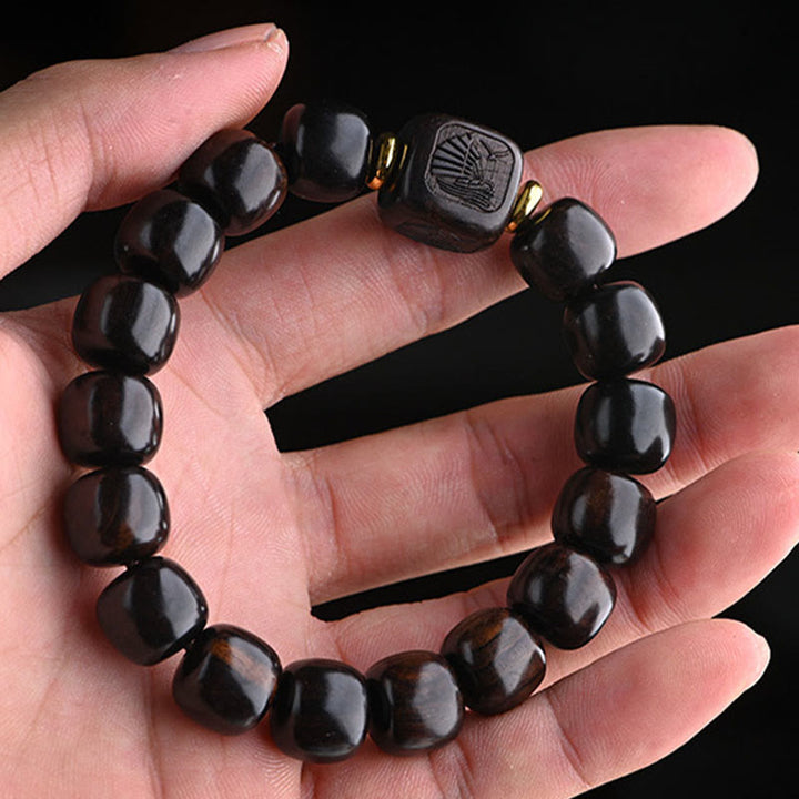 Pulsera de equilibrio de la suerte y el tesoro, cuentas de barril de madera de ébano tibetano, Buddha Stones