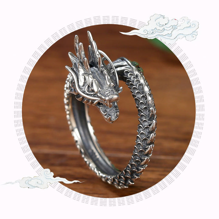 Anillo ajustable de plata de ley 925 con Buddha Stones , diseño vintage de dragón, protección del éxito, fuerza