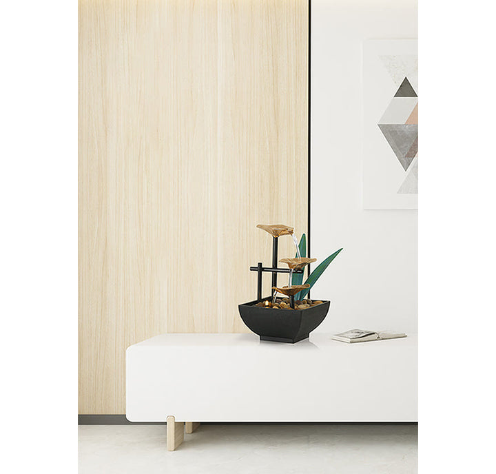 Adornos de loto de mesa de fuente de cascada de tres capas con decoración de escritorio de rocas de río