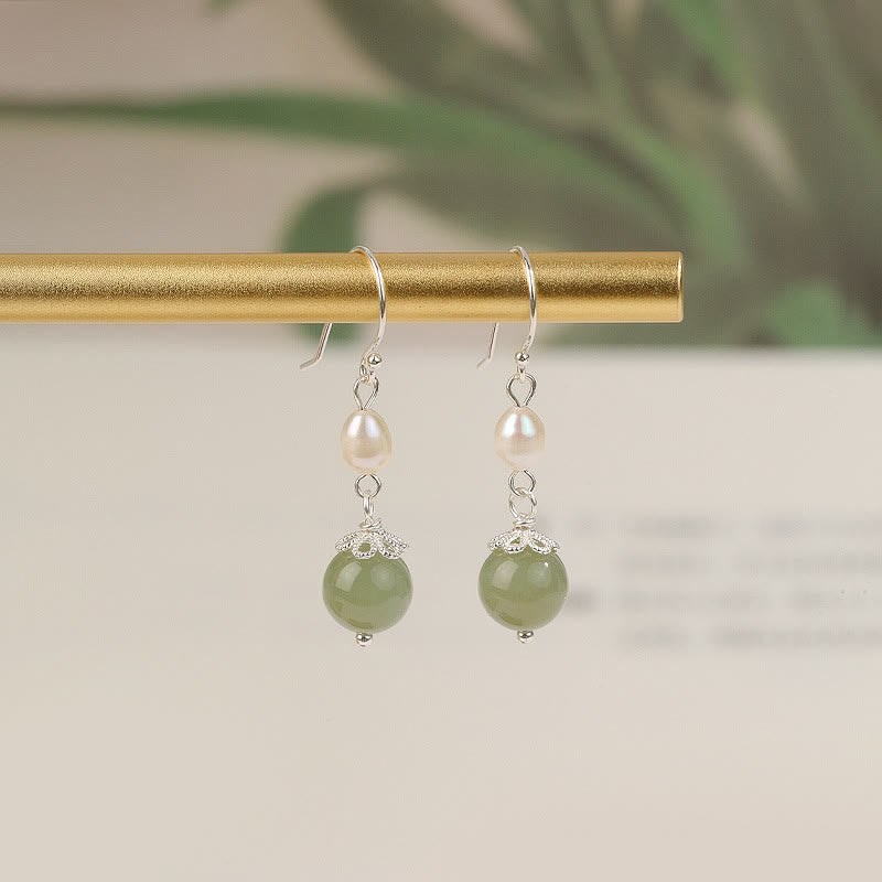 Pendientes de sabiduría de jade y perlas naturales de plata de ley 925 con Buddha Stones
