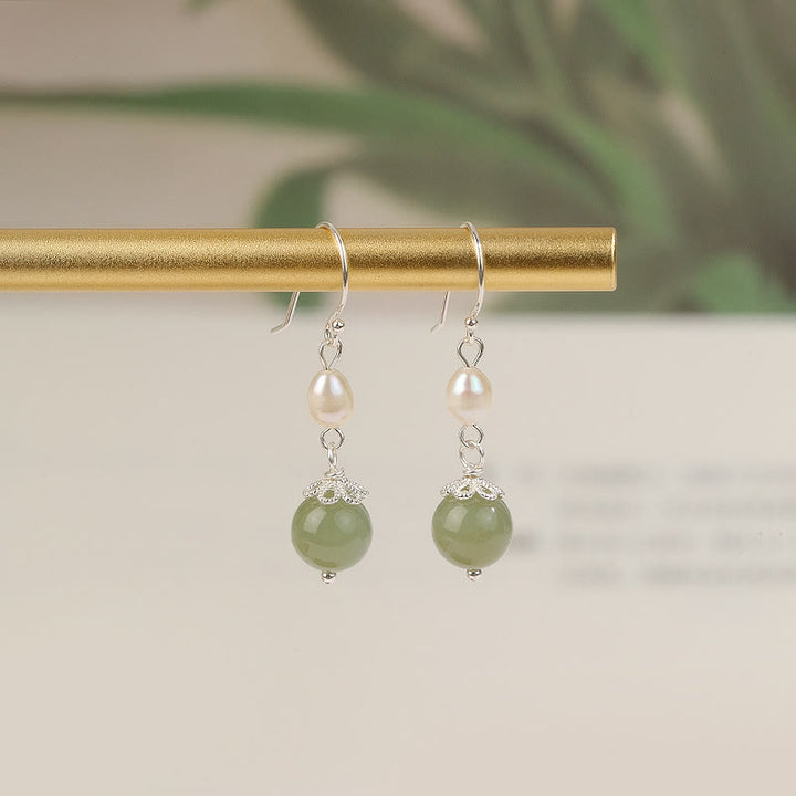 Pendientes de sabiduría de jade y perlas naturales de plata de ley 925 con Buddha Stones