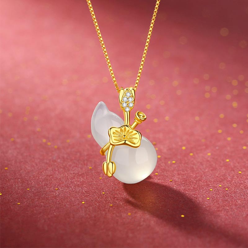 Collar con colgante de abundancia de hojas de loto y calabaza de jade cian con Buddha Stones - Jade blanco - image 6