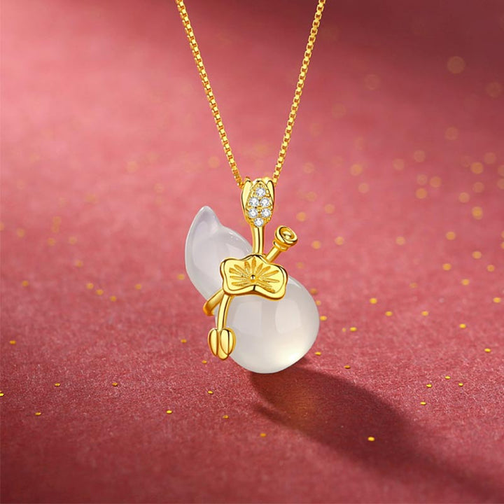 Collar con colgante de abundancia de hojas de loto y calabaza de jade cian con Buddha Stones - Jade blanco - image 6