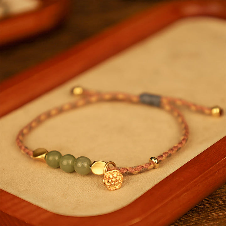 Pulsera trenzada de la suerte con dije de loto de jade hetiano hecho a mano con Buddha Stones