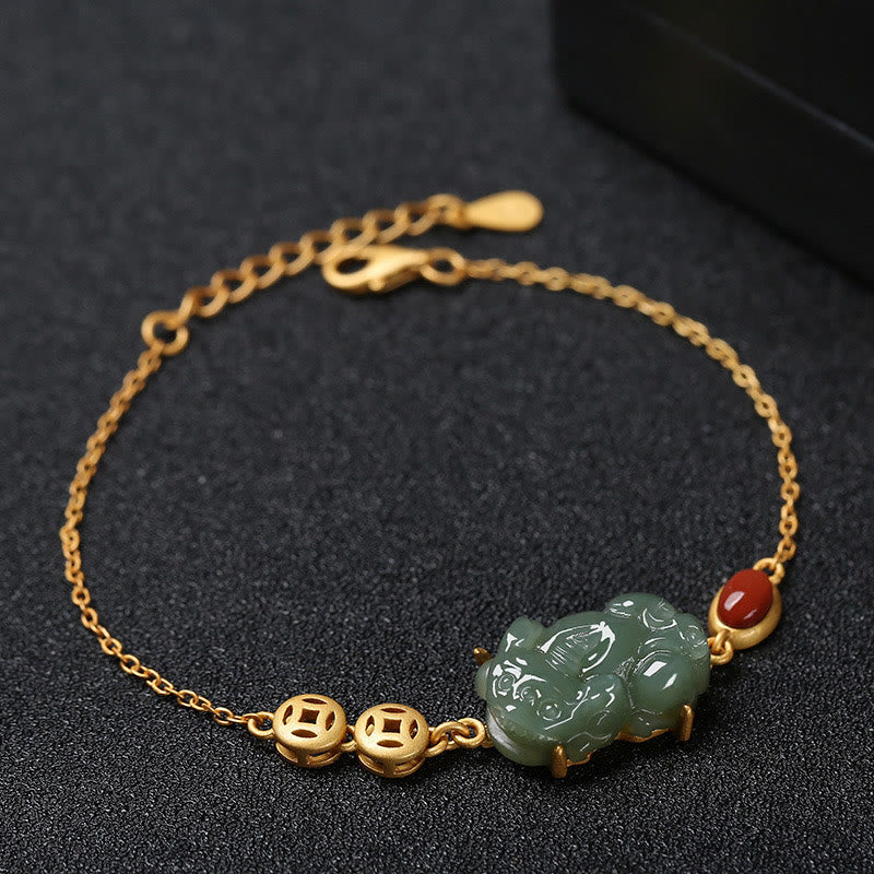 Pulsera de cadena de éxito de ágata roja con moneda de cobre PiXiu de jade cian