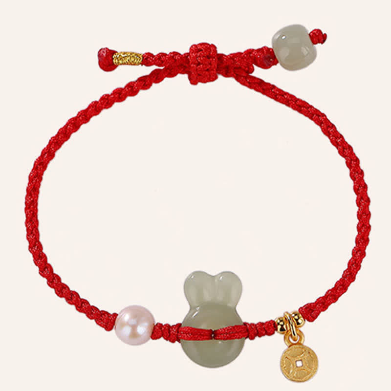 Pulsera de hilo rojo con moneda de cobre y jade hetiano del año del conejo en plata de ley 925