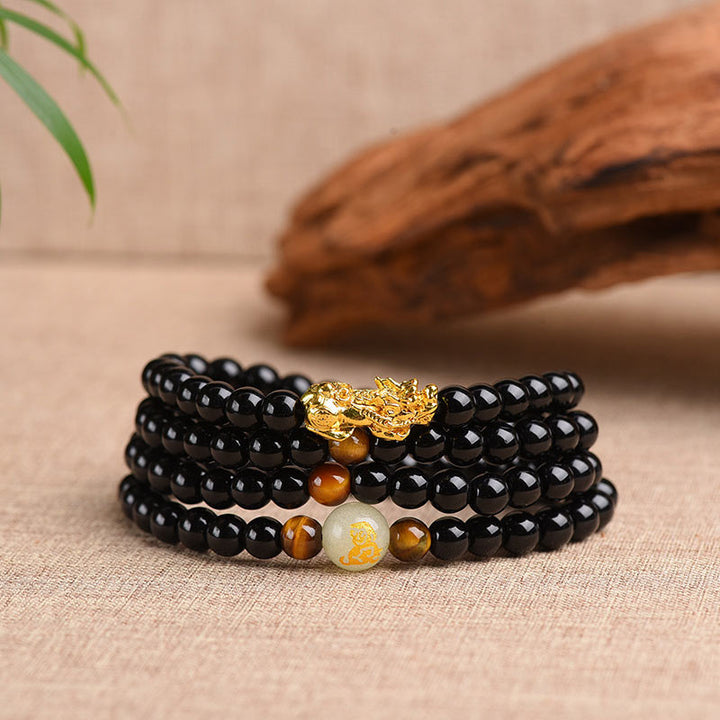Pulsera Mala de protección PiXiu de obsidiana del zodiaco chino