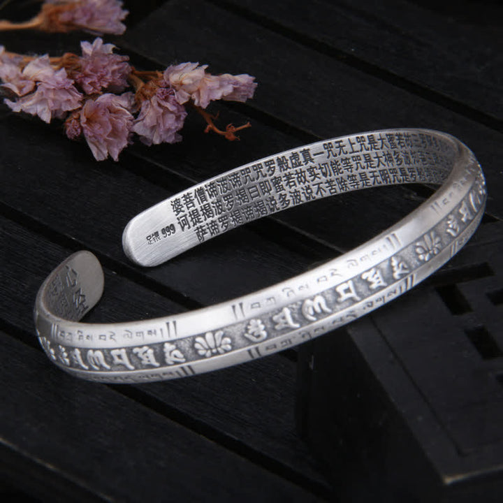 Pulsera de plata de ley 999 con diseño de corazón de Om Mani Padme Hum Sutra Lotus Peace