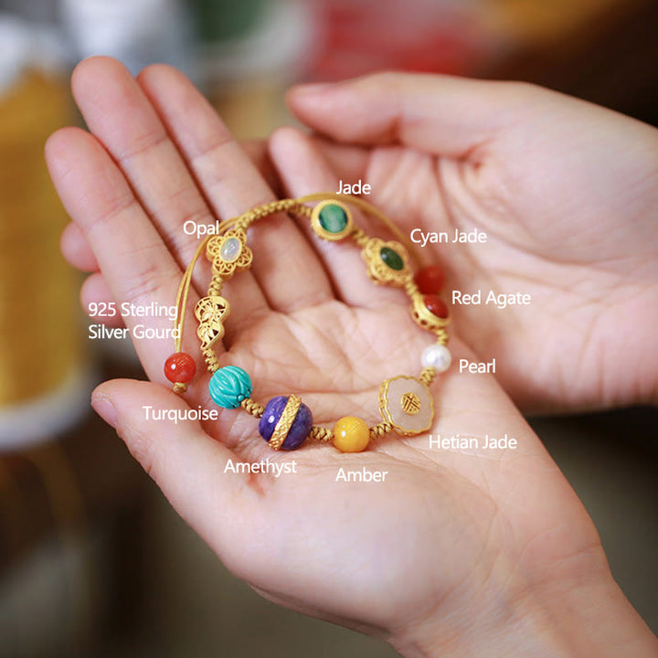 Pulsera de la suerte con cristales de ágata roja, ámbar y Jade hetiano Natural de Plata de Ley 925