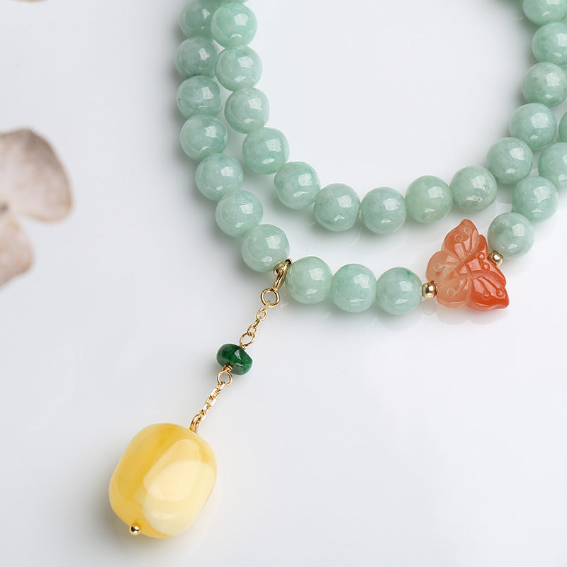 Pulsera de plata de ley 925 con Buddha Stones, jade natural, ámbar, mariposa, suerte y abundancia