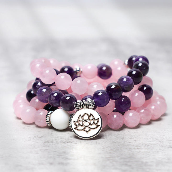 Pulsera con colgante de loto con cuentas Mala de cuarzo rosa natural y amatista con Buddha Stones