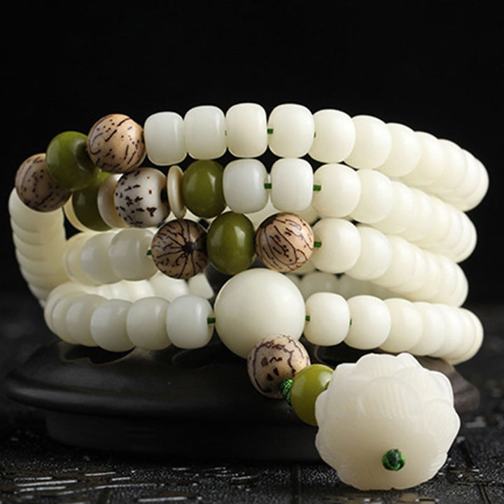 Buddha Stones Jade Blanco Bodhi Lotus Mala Armonía Collar Pulsera