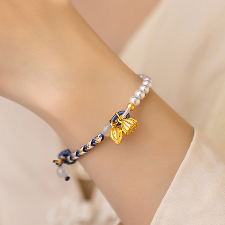 Pulsera de prosperidad de calcedonia de cuerda colorida con perlas de loto de plata de ley 925 con Buddha Stones