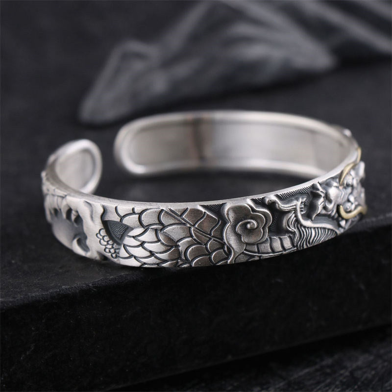 Brazalete de protección de fuerza de dragón de plata de ley 999 con Buddha Stones