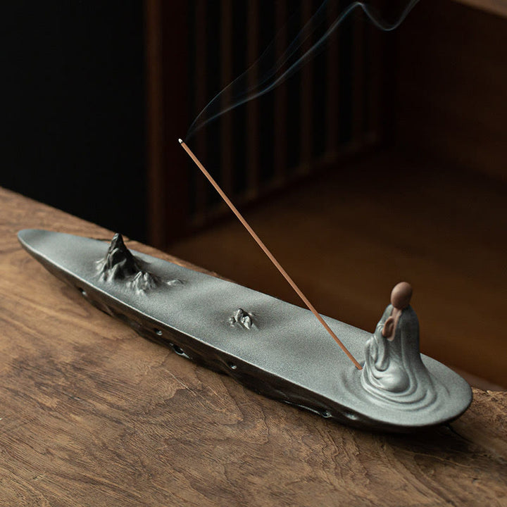 Quemador de incienso de cerámica con bendición de montaña, ola de mar, monje Buda, decoración