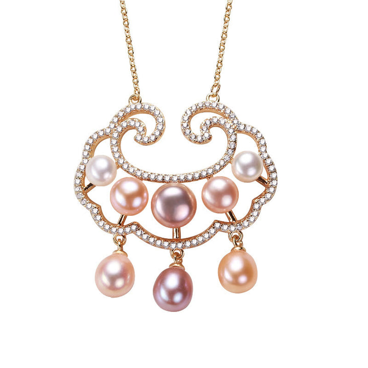 Colgante de collar de sinceridad con dije de cerradura china de perlas naturales chapado en oro de 18 quilates con Buddha Stones