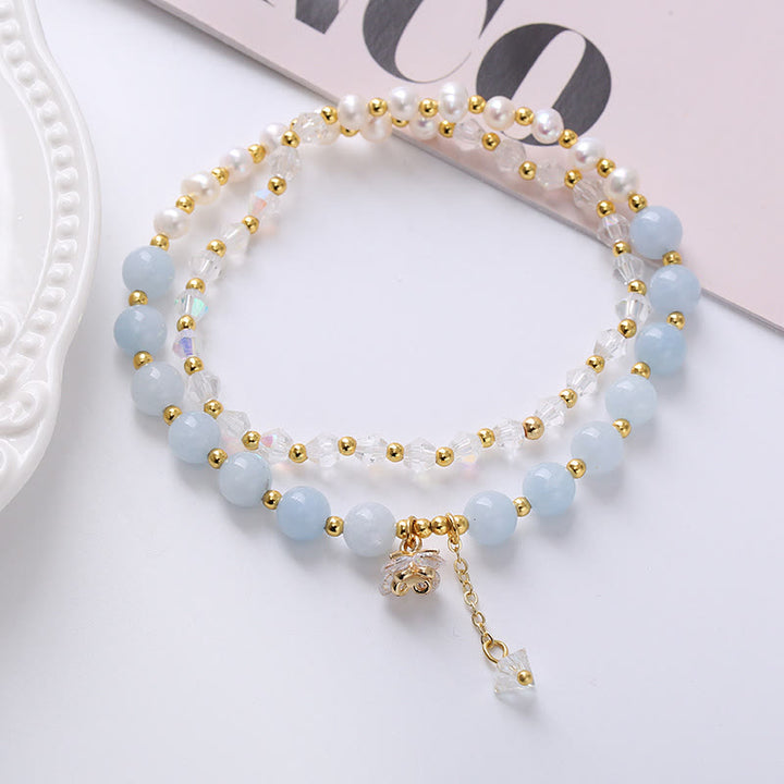 Pulsera de doble vuelta con amatista natural, aguamarina, fresa, cuarzo, perla, curación de la paz