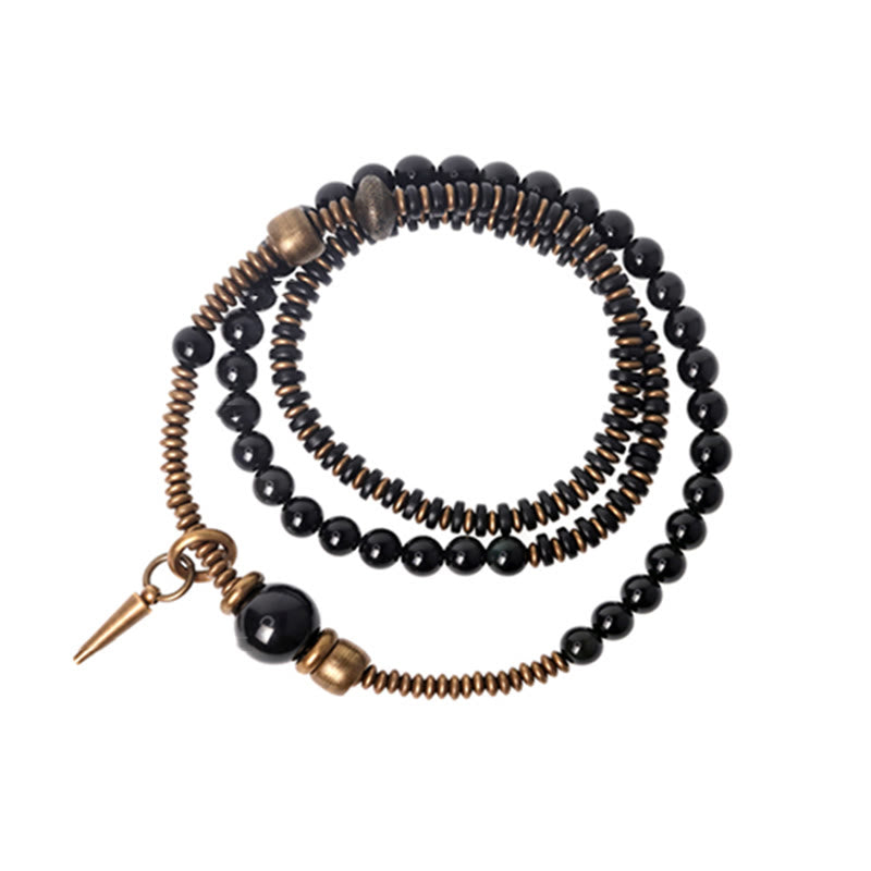 Pulsera de triple envoltura curativa de cobre y madera de ébano, obsidiana arcoíris con Buddha Stones