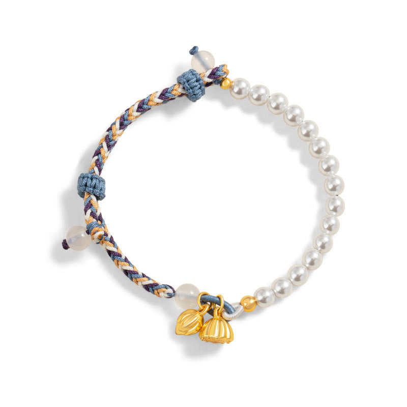 Pulsera de prosperidad de calcedonia de cuerda colorida con perlas de loto de plata de ley 925 con Buddha Stones