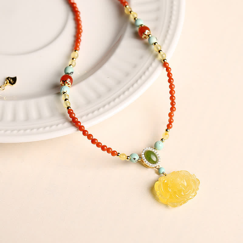 Colgante de plata de ley 925 con ágata roja natural y peonía ámbar