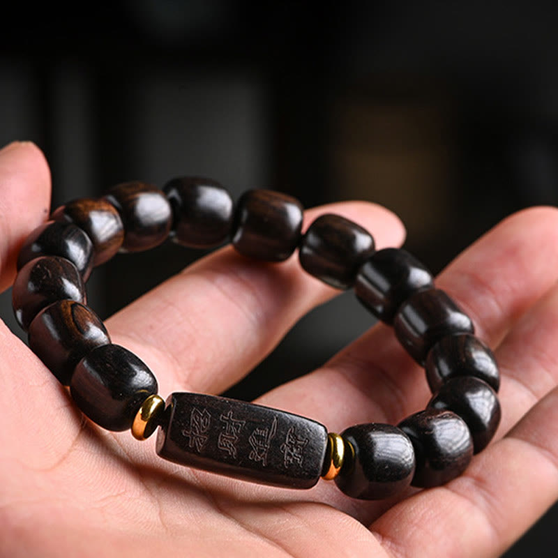 Pulsera de equilibrio de la suerte y el tesoro, cuentas de barril de madera de ébano tibetano, Buddha Stones