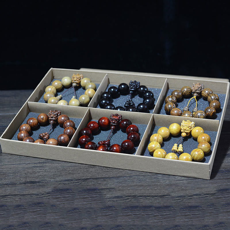 Pulsera de protección con Buddha Stones, palisandro, sándalo verde, hoja pequeña de sándalo rojo y dragón tallado