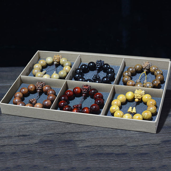 Pulsera de protección con Buddha Stones, palisandro, sándalo verde, hoja pequeña de sándalo rojo y dragón tallado