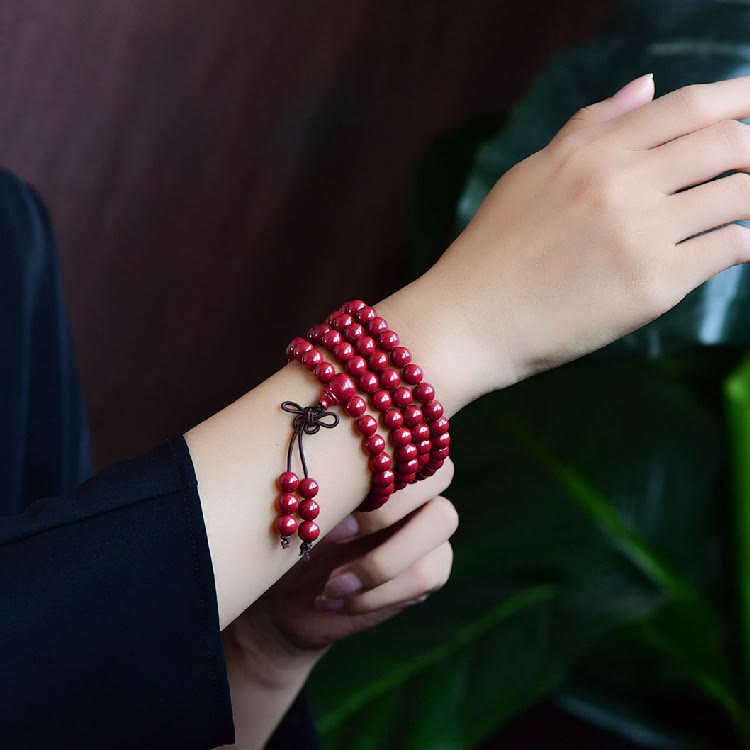 Buddha Stones 108 cuentas Mala cinabrio Om Mani Padme Hum patrón grabado pulsera de bendición