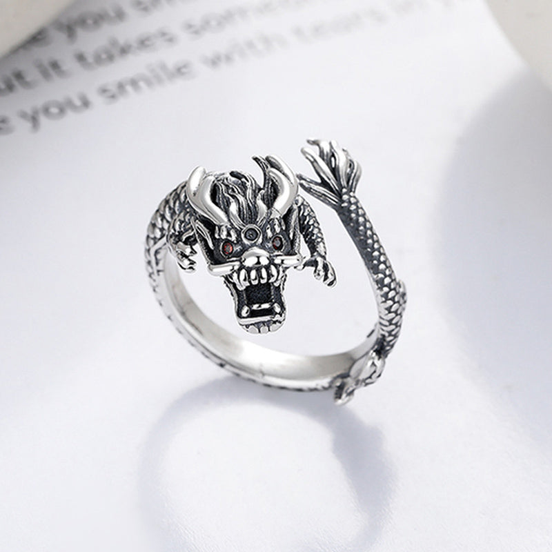Anillo de metal de la suerte con diseño del año del dragón de plata de ley 925 vintage con Buddha Stones - image 1