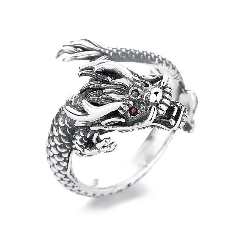 Anillo de metal de la suerte con diseño del año del dragón de plata de ley 925 vintage con Buddha Stones - Plata de ley 925 (ajustable) - image 0