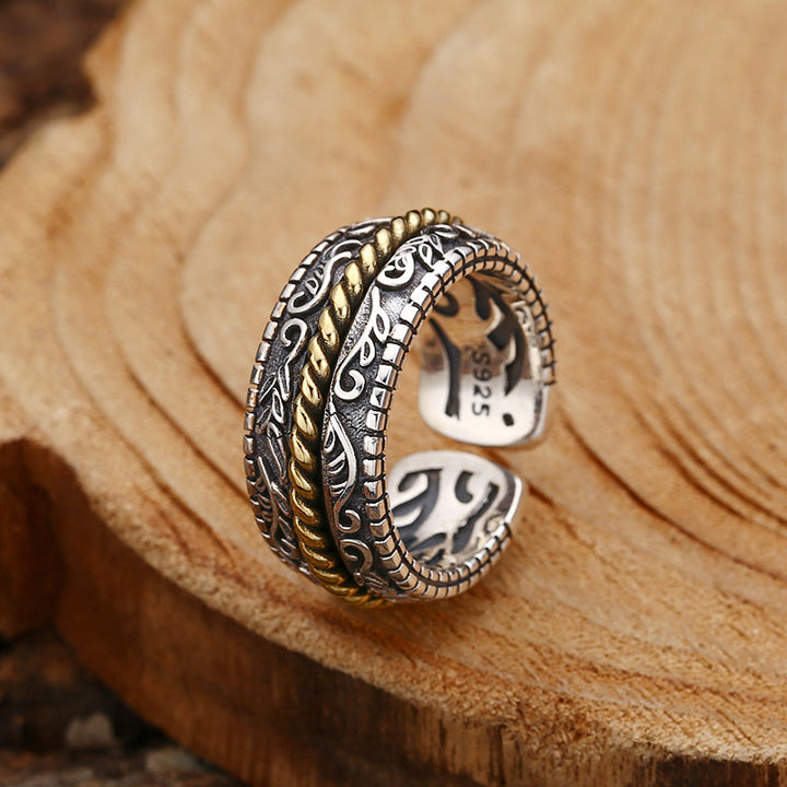 Anillo ajustable de la suerte con diseño de flor de la dinastía Tang de plata de ley 925 con Buddha Stones - Ajustable - image 0