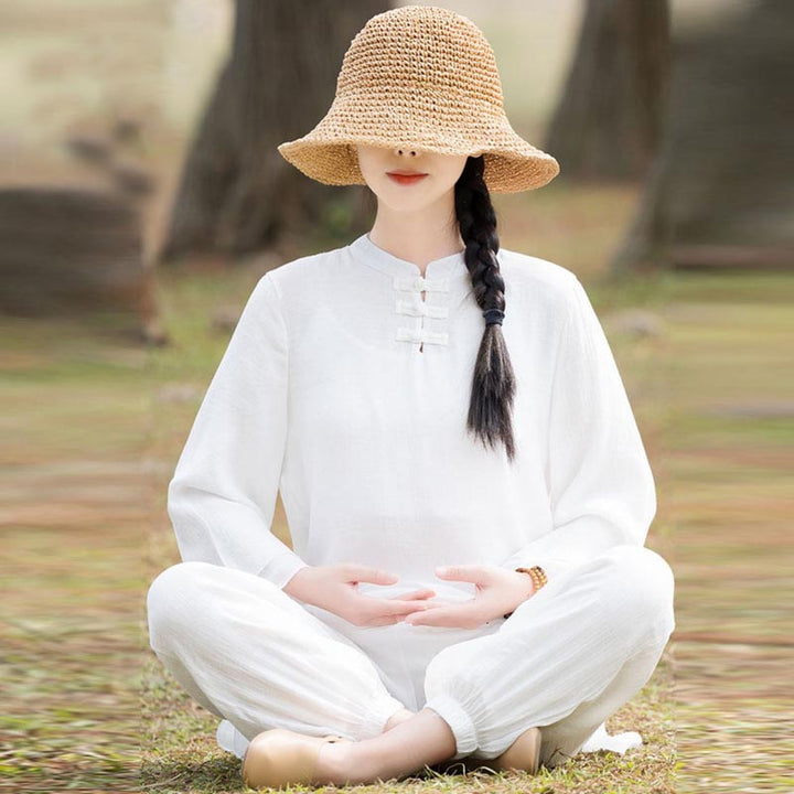 Conjunto de 2 piezas de ropa de lino y algodón con Buddha Stones para mujer, pantalones superiores con diseño liso, meditación, Yoga, Zen, Tai Chi - Botón de rana china frontal blanco (parte superior y pantalones) - US8-10,UK/AU12-14,EU40-42 (2XL) - image 16