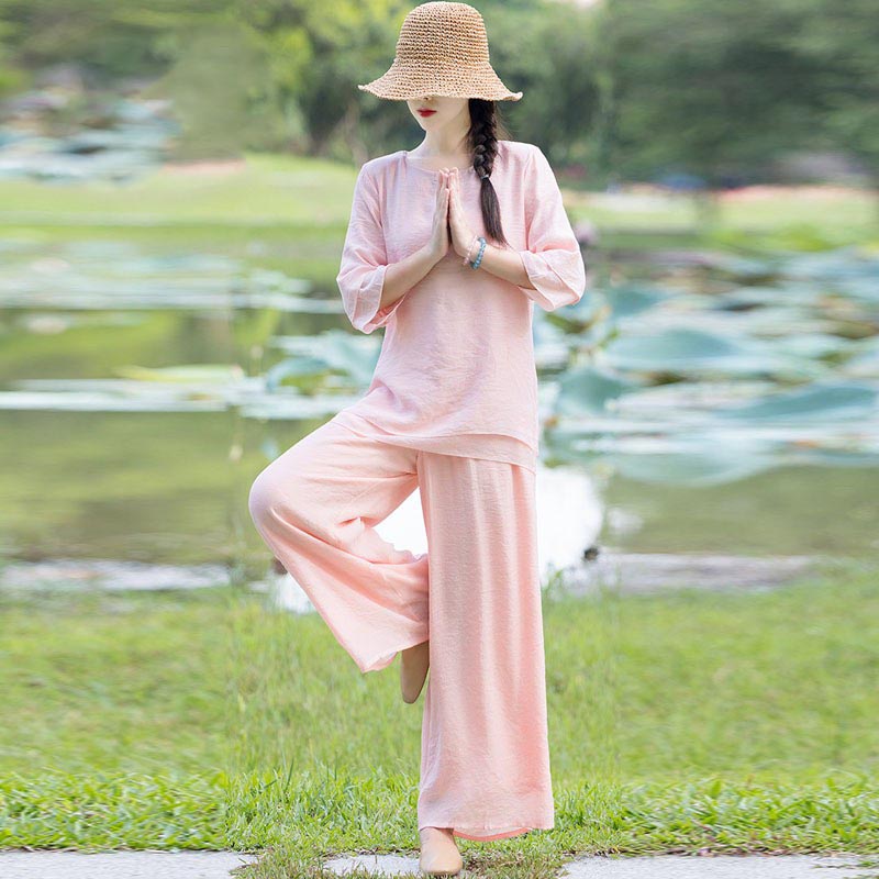 Conjunto de 2 piezas de ropa de lino y algodón con Buddha Stones para mujer, pantalones superiores con diseño liso, meditación, Yoga, Zen, Tai Chi - Rosa (Top y pantalones) - US8-10,UK/AU12-14,EU40-42 (2XL) - image 23