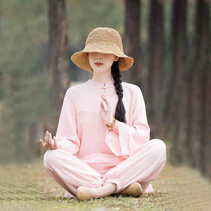 Conjunto de 2 piezas de ropa de lino y algodón con Buddha Stones para mujer, pantalones superiores con diseño liso, meditación, Yoga, Zen, Tai Chi - Botón frontal de rana china rosa (top y pantalones) - US8-10,UK/AU12-14,EU40-42 (2XL) - image 0