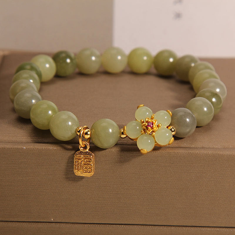 Pulsera de la suerte con dije de personaje Fu de flor de jade verde con Buddha Stones - Jade (circunferencia de la muñeca 14-16 cm) - image 0