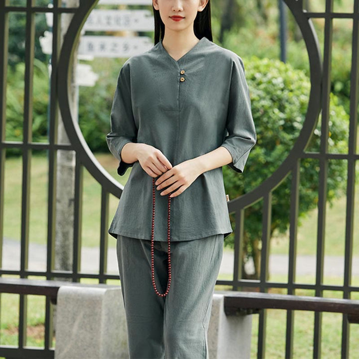 Buddha Stones 2 uds camisa Top pantalones meditación Zen Tai Chi ropa de lino de algodón conjunto de mujer - Verde (Top y pantalones) - US8-10,UK/AU12-14,EU40-42 (2XL) - image 17