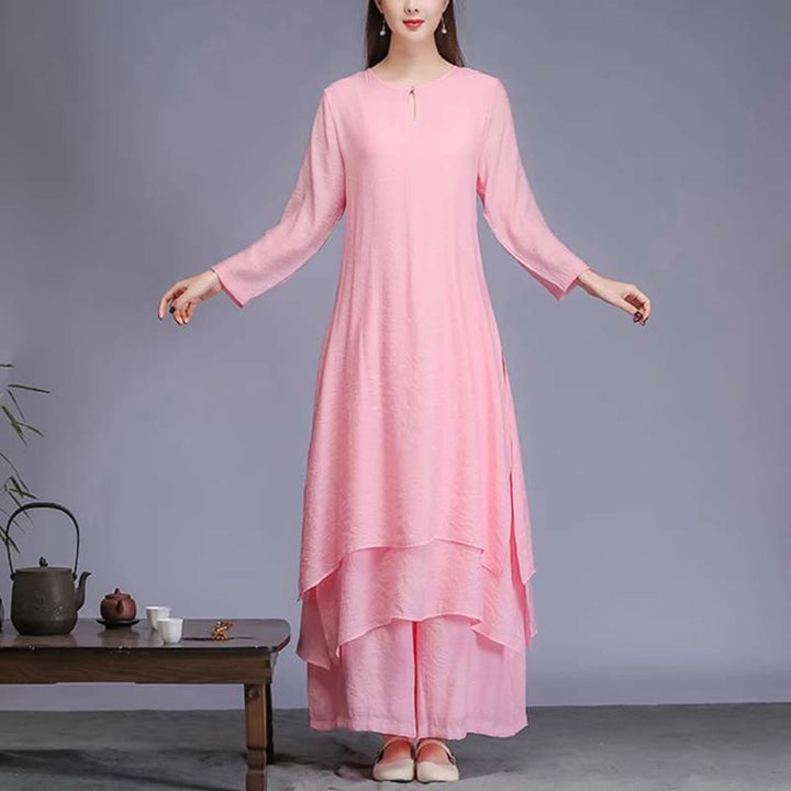 Buddha Stones 2 uds vestido Midi de Color sólido pantalones de pierna ancha meditación espiritual Zen práctica Yoga danza ropa - 2 piezas rosa (vestido y pantalón) - US12, UK/AU16, EU44 (2XL)  - image 12