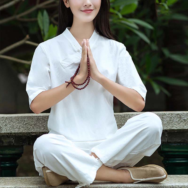 Buddha Stones 2 uds media manga cuello en V camisa Top pantalones meditación Zen Tai Chi ropa de lino conjunto de mujer - Blanco (Top y pantalones) - US8-10,UK/AU12-14,EU40-42 (2XL) - image 3