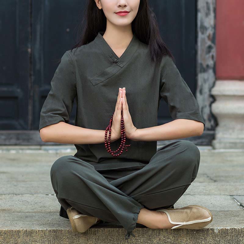 Buddha Stones 2 uds media manga cuello en V camisa Top pantalones meditación Zen Tai Chi ropa de lino conjunto de mujer - Gris (Top y pantalones) - US8-10,UK/AU12-14,EU40-42 (2XL) - image 17