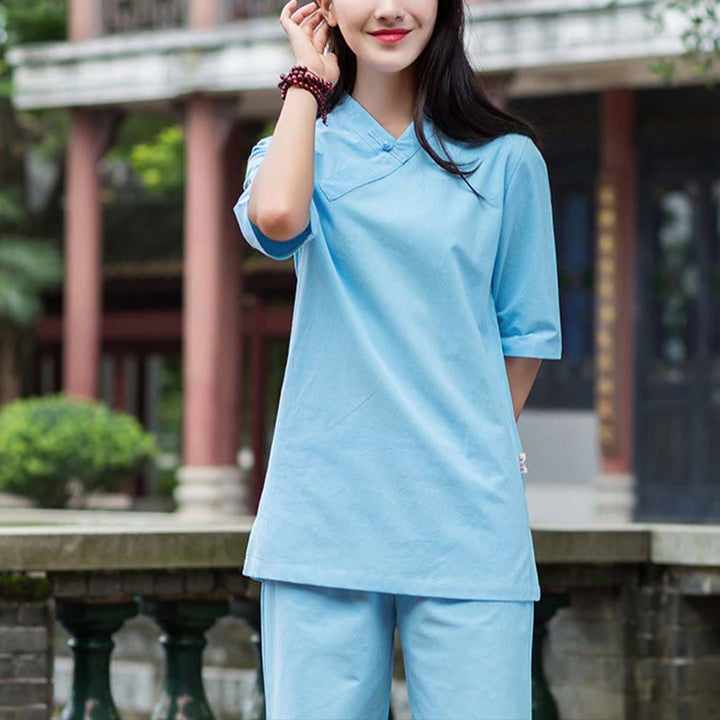 Buddha Stones 2 uds media manga cuello en V camisa Top pantalones meditación Zen Tai Chi ropa de lino conjunto de mujer - Azul (Top y pantalones) - US8-10,UK/AU12-14,EU40-42 (2XL) - image 9