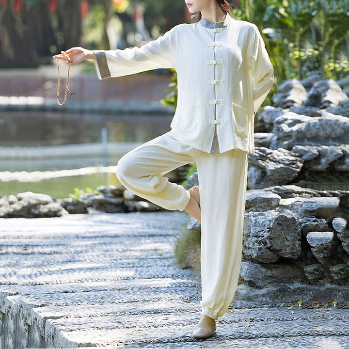 Conjunto de 2 piezas de camisa de manga larga con botones de rana y pantalones de meditación Zen Tai Chi, ropa de lino y algodón para mujer - Beige (Top y pantalones) - US8-10,UK/AU12-14,EU40-42 (2XL) - image 0