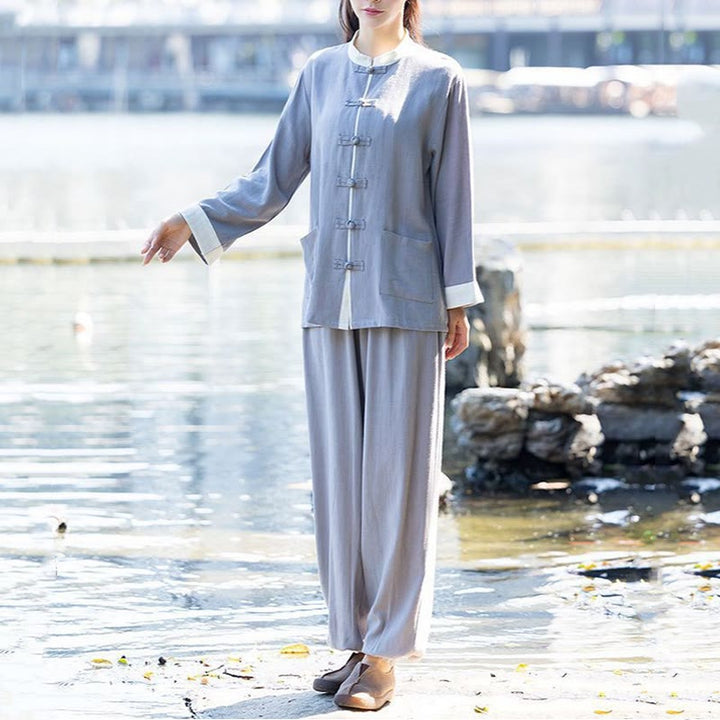 Conjunto de 2 piezas de camisa de manga larga con botones de rana y pantalones de meditación Zen Tai Chi, ropa de lino y algodón para mujer - Gris (Top y pantalones) - US8-10,UK/AU12-14,EU40-42 (2XL) - image 5