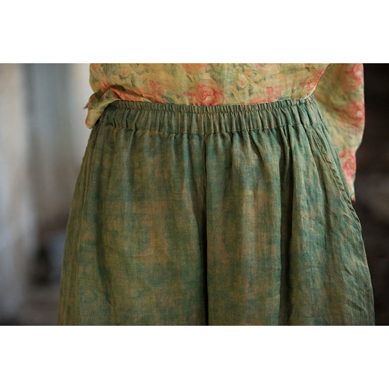 Pantalones anchos con cinturilla flexible de lino de ramio en verde y amarillo con Buddha Stones y bolsillos